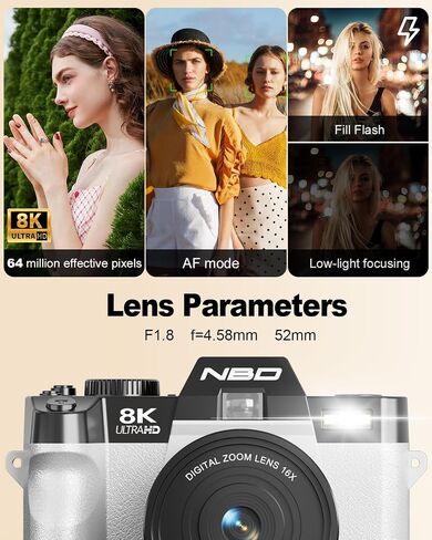 NBD 8K 64MP Digital Cameras for Photography with Dual-Lens,180°Flip Screen—Point and Shoot Digital Cameras with 16X Zoom,Autofocus WiFi Vlogging Camera for Beginners, 2 Batteries,64GB Card (White) in Kuwait