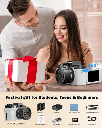 NBD 8K 64MP Digital Cameras for Photography with Dual-Lens,180°Flip Screen—Point and Shoot Digital Cameras with 16X Zoom,Autofocus WiFi Vlogging Camera for Beginners, 2 Batteries,64GB Card (White) in Kuwait