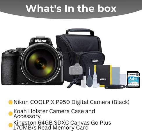 Nikon COOLPIX P950 Digital Camera (Black) Bundle | 64GB SDXC Canvas Go Plus 170MBPS Read Memory Card, Holster Case, Accessory for DSLR, (3 items) in Kuwait
