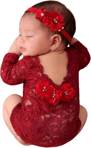 Newborn Photography Outfits Girl Newborn Photo Prop Lace Romper & Headband | Newborn Photography Props, Baby Photo Shoot Outfits, For 0-3 Months,Newborn Photography Outfits Gir,New Born Picture Outfit in Kuwait