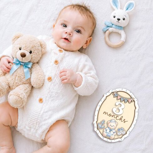 Wooden Baby Monthly Milestone Signs Blue Marine Bear 1-24 Months | Newborn Boy Photography Props, Baby Shower Registry Gift, Infant Age Markers, Growth Tracker, Nursery Decor Keepsake, Oval in Kuwait