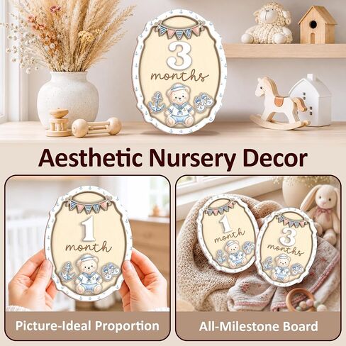 Wooden Baby Monthly Milestone Signs Blue Marine Bear 1-24 Months | Newborn Boy Photography Props, Baby Shower Registry Gift, Infant Age Markers, Growth Tracker, Nursery Decor Keepsake, Oval in Kuwait