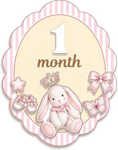 Wooden Baby Monthly Milestone Signs Coquette Pink Rabbit 1-24 Month | Newborn Girl Photography Props, Baby Shower Registry Gift, Infant Age Markers, Growth Tracker, Nursery Decor Keepsake, Oval in Kuwait