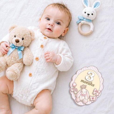 Wooden Baby Monthly Milestone Signs Coquette Pink Rabbit 1-24 Month | Newborn Girl Photography Props, Baby Shower Registry Gift, Infant Age Markers, Growth Tracker, Nursery Decor Keepsake, Oval in Kuwait