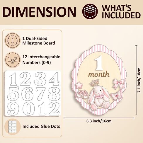 Wooden Baby Monthly Milestone Signs Coquette Pink Rabbit 1-24 Month | Newborn Girl Photography Props, Baby Shower Registry Gift, Infant Age Markers, Growth Tracker, Nursery Decor Keepsake, Oval in Kuwait