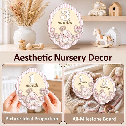 Wooden Baby Monthly Milestone Signs Coquette Pink Rabbit 1-24 Month | Newborn Girl Photography Props, Baby Shower Registry Gift, Infant Age Markers, Growth Tracker, Nursery Decor Keepsake, Oval in Kuwait