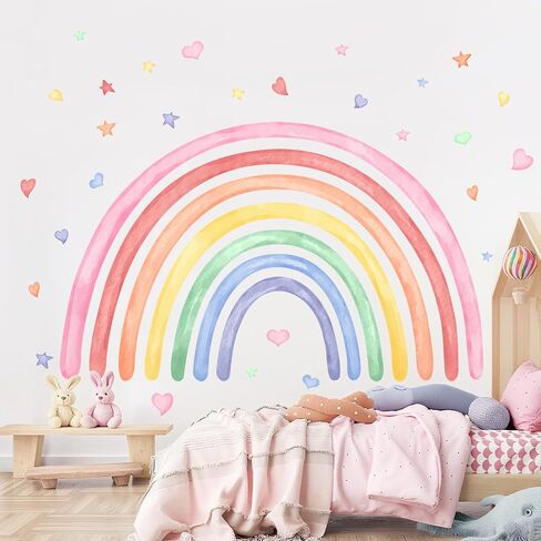 77" x 47" Large Rainbow Wall Decals Stickers for Girls Nursery Peel and Stick Watercolor Rainbow Hearts Stars Vinyl Wall Mural Art for Kids Toddlers Bedroom Playroom Classroom | Peel and Stick Vinyl Rainbow Wall Art for Kids Girls Nursery Toddlers Bedroom in Saudi Arabia