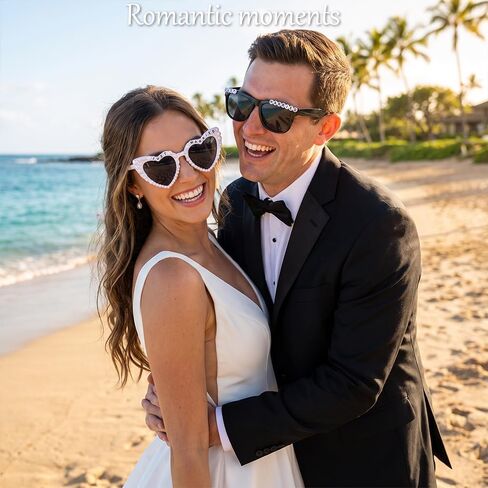 Just Married Sunglasses Set for Bride and Groom | Wedding Party Photo Booth Props, Pearl Heart Bride Glasses and Black Groom Sunglasses for Honeymoon, Beach Party in Kuwait