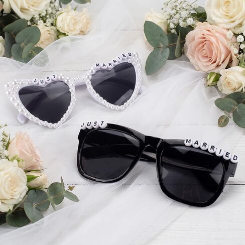 Just Married Sunglasses Set for Bride and Groom | Wedding Party Photo Booth Props, Pearl Heart Bride Glasses and Black Groom Sunglasses for Honeymoon, Beach Party in Kuwait