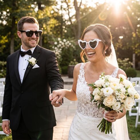 Just Married Sunglasses Set for Bride and Groom | Wedding Party Photo Booth Props, Pearl Heart Bride Glasses and Black Groom Sunglasses for Honeymoon, Beach Party in Kuwait