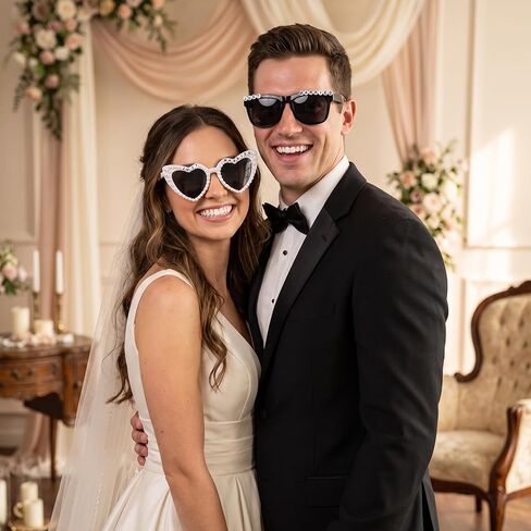 Just Married Sunglasses Set for Bride and Groom | Wedding Party Photo Booth Props, Pearl Heart Bride Glasses and Black Groom Sunglasses for Honeymoon, Beach Party in Kuwait