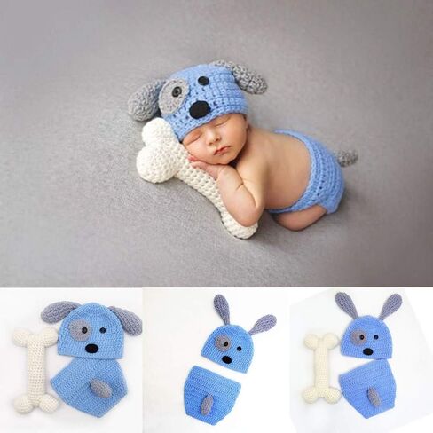 SUNBABY Newborn Photography Props Baby Knitting Wool Material Photography Costume Cute Animal Style Baby Crochet Clothes (Blue Dog) in Kuwait
