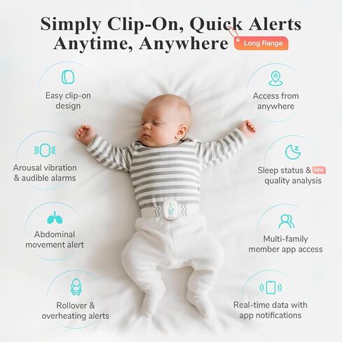 Sense-U Pro Baby Monitor(Long Range) – Tracks Breathing Movement, Rollover & Temperature Anywhere for Better Sleep, Simple Clip-On Smart Tracker with Arousal Vibration, Audible Alerts & Sleep Analysis in Kuwait