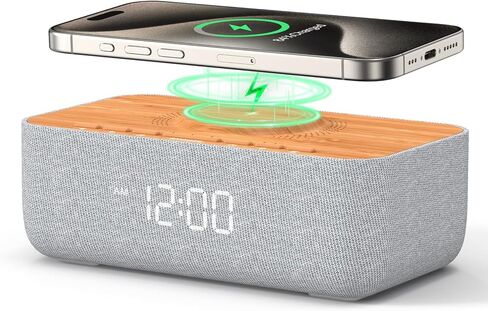 REACHER 15W Magnetic Wireless Charging Alarm Clock with White Noise Machine | 15W magnetic charging, woodgrain style, 20 sleep sounds, gradual wake, snooze, 0-100% dimmable display for bedside in Kuwait
