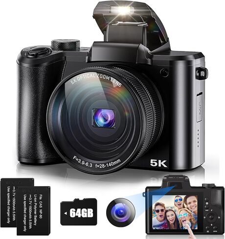 5K Digital Camera 64MP Cameras for Photography, 5X Optical Zoom Compact Travel Camera Front and Rear Dual Cameras Vlogging Camera for YouTube with 3.2" IPS Touchscreen, 64G TF Card, 2 Batteries in Kuwait