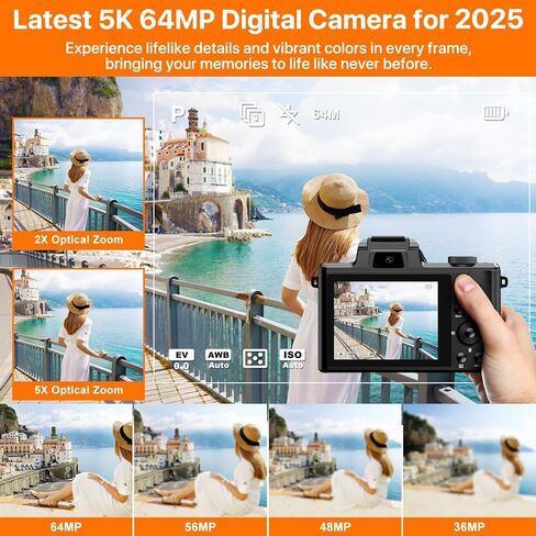 5K Digital Camera 64MP Cameras for Photography, 5X Optical Zoom Compact Travel Camera Front and Rear Dual Cameras Vlogging Camera for YouTube with 3.2" IPS Touchscreen, 64G TF Card, 2 Batteries in Kuwait