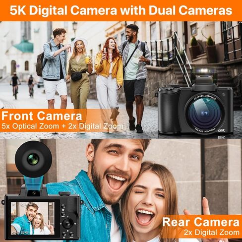 5K Digital Camera 64MP Cameras for Photography, 5X Optical Zoom Compact Travel Camera Front and Rear Dual Cameras Vlogging Camera for YouTube with 3.2" IPS Touchscreen, 64G TF Card, 2 Batteries in Kuwait