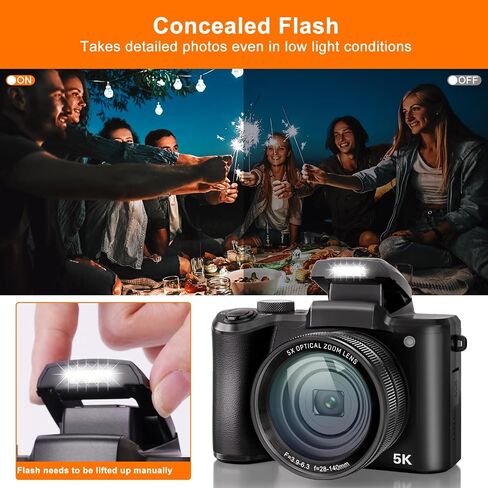5K Digital Camera 64MP Cameras for Photography, 5X Optical Zoom Compact Travel Camera Front and Rear Dual Cameras Vlogging Camera for YouTube with 3.2" IPS Touchscreen, 64G TF Card, 2 Batteries in Kuwait