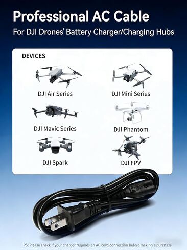AC Power Cord for DJI Drones, 2-Prong US Plug Charging Cable, 3.3FT Replacement for DJI Mini/Air/Mavic/Phantom/Spark/FPV Series Battery Charger Hub, 6A 250V Safety Certified in Kuwait