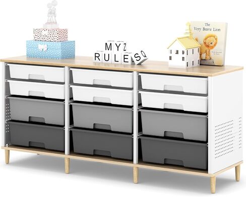 TOOLF 12 Drawers Storage Cabinet with Wooden Top and Plastic Bins,Brown | Toy Shelf Storage Chest Cubby Organizer, for Home, Office, Playroom, Classroom & Craft Room in Kuwait