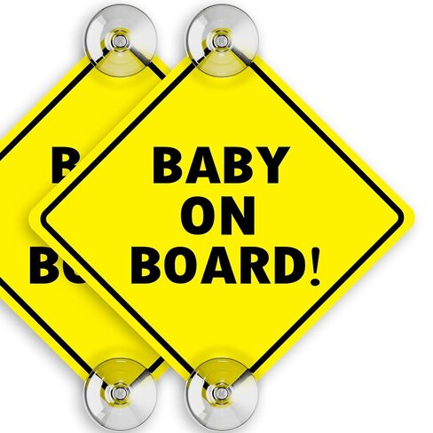 ASSURED SIGNS Baby On Board Sign for Car with Suction Cups - 5" x 5" 2 Pack | Alert Drivers to Precious Cargo, High Visibility Yellow, Secure Suction Grip, Easy Repositioning and Reusable, UV Protected in Kuwait