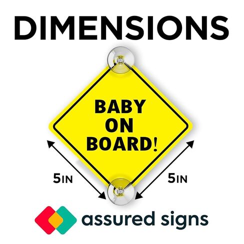 ASSURED SIGNS Baby On Board Sign for Car with Suction Cups - 5" x 5" 2 Pack | Alert Drivers to Precious Cargo, High Visibility Yellow, Secure Suction Grip, Easy Repositioning and Reusable, UV Protected in Kuwait