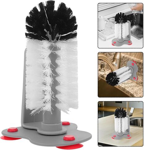 360° Glass Cup Cleaning Brush, Water Bottle Cleaning Glass Washer Cup Sink Washer Brush with Suction Base Bristle Brushfor Sink, Flexible Bristles Double Sided Glass Cup Cleaning Brush (Black+White) in Kuwait