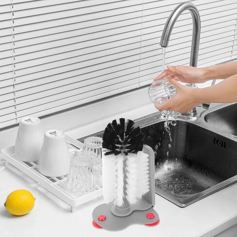 360° Glass Cup Cleaning Brush, Water Bottle Cleaning Glass Washer Cup Sink Washer Brush with Suction Base Bristle Brushfor Sink, Flexible Bristles Double Sided Glass Cup Cleaning Brush (Black+White) in Kuwait