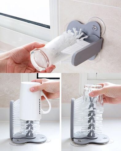 360° Glass Cup Cleaning Brush, Water Bottle Cleaning Glass Washer Cup Sink Washer Brush with Suction Base Bristle Brushfor Sink, Flexible Bristles Double Sided Glass Cup Cleaning Brush (Black+White) in Kuwait
