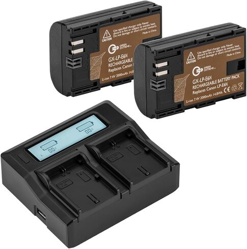 LP-E6N Battery, 2 Pack and Dual Smart Battery Charger for Canon XC15, EOS 60D, EOS 70D, EOS 80D, 90D, EOS 5D II, EOS 5D III, EOS 5D IV, EOS 6D, EOS 6D Mark II, EOS 7D,EOS 7D Mark in Kuwait
