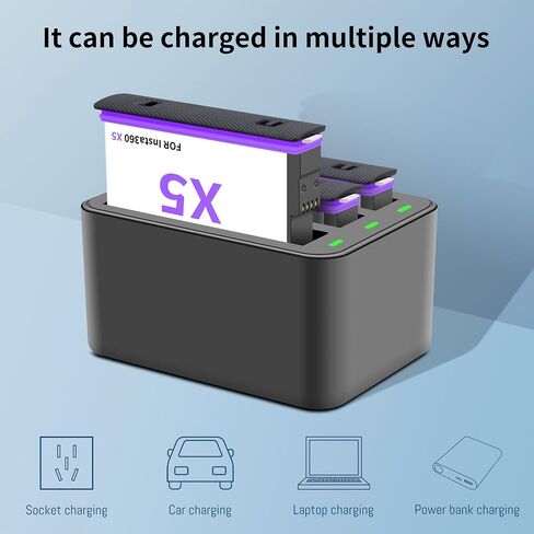 360 X5 Battery Charger 3 Packs 2800mAh Batteries, 3 Channels Charger Hub | Box Fully Compatible For Insta360 X5 Action Camera with Battery Case Can Store Misro SD Card, Charging Cable in Kuwait