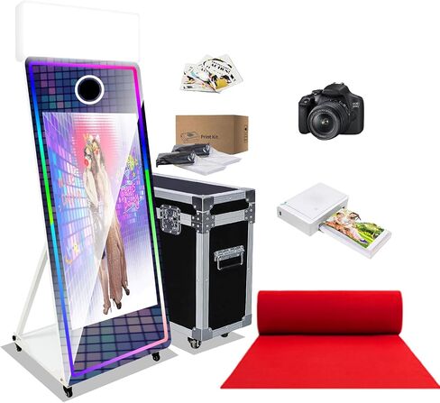 Magic Mirror Photo Booth with Square Fill Light,65in Mirror Photo Booth with 43in Touchscreen,RGB Looped Light Frames,for Wedding Birthday Party Event with Flight Case (Black, Machine + Full Set) in Kuwait