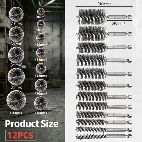 12 Pcs Stainless Steel Wire Bore Brush for Drill,5/16"-1-3/16" Cleaning Set ,Abrasive Drill Wire Brush with 1/4" Hex Shank, Different Sizes in Kuwait