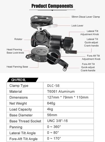 SUNWAYFOTO GH-PRO IIL Geared Tripod Head with Lever QR Clamp & Panning Base Compatible with Arca in Kuwait
