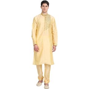 SKAVIJ Men's Kurta Pajama Set Embroidered Art Silk Wedding Party Dress (X-Large, Beige)