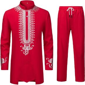 YND Men’s 2 Piece African Dashiki Shirt and Pants Set, Outfit with Gold Print