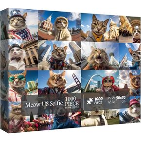 Funny Cat Art Puzzles for Adults 1000 Pieces, Nature Travel Kitten US Landmarks Jigsaw Puzzles, Animal Landscape Collage Scenic Puzzle