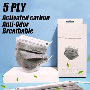 5-Ply Disposable Face_Mask Breathable Filter Activated Carbon Masks with Wide Comfortable earloop for Women Men Adults Daily Use, Grey (20 pcs)
