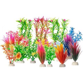 CNZ Assorted Color Aquarium Plastic Plant Decoration w Ceramic Base, 16-Piece Assorted