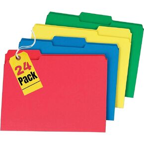 1InTheOffice File Folders, Colored File Folders, File Folders 1/3 Cut Tab Letter Size, Top-Tab/3 Tab,/5 Assorted Colors, 24/Pack