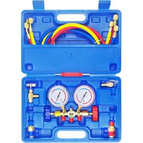 JIFETOR 3 Way AC Manifold Gauge Set, HVAC Diagnostic Refrigerant Charging Tool for Auto Household R404A R134A Refrigerant, Quick Couplers Can Tap Adapter Valve Core Tool, 3FT Hose