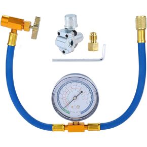 R134A AC Recharge Hose with Gauge and BPV31 Bullet Piercing Tap Valve Kit, 1/4" to 1/4" Adapter with valve core, R134a Can Tap, 1/4’’ SAE Hose for R12 R22 Port, for Air Conditioning Refrigerant System