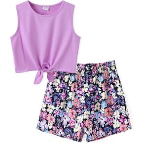 PATPAT Girl's 2 Piece Outfits Sleeveless Tie Knot Crop Top Elastic Short Summer Clothes Set 4-12Y in Kuwait