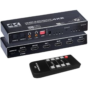 HDMI Matrix 4x2, 4K@60Hz HDMI Matrix Switch 4 in 2 Out with EDID Extractor and IR Remote Control, Support HDMI 2.0b, HDCP2.2, HDR10, Ultra HD, 3D