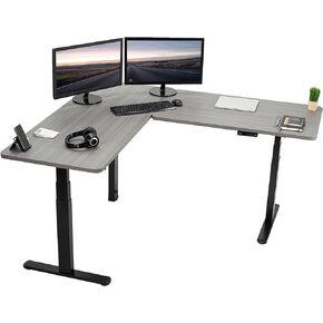 VIVO Electric Height Adjustable 67 x 60 inch Corner Stand Up Desk, 2 Dark Gray Solid Table Tops, Black Frame, Memory Controller, L-Shaped Workstation, 3E Series, DESK-KIT-3E6G