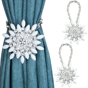2PCS Magnetic Curtain Tiebacks Decorative Crystal Flower Shape Window Curtain Holdback Buckles Tie Backs Holders with Stretchable Wire Rope for Home and Office,Silvery+White