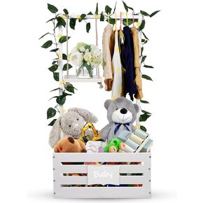 سلة استحمام الطفل، قفص استحمام الطفل مع رف شماعات مرتفع 23.6 بوصة وأرجوحة، خزانة قفص استحمام خشبية للأطفال، سلة دش الطفل للحمل، صندوق تخزين هدايا الآباء الجدد للحمل (أبيض) in Kuwait