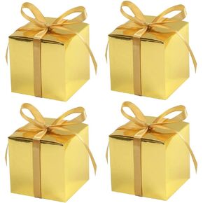 KUPOO 50PCS Favor Boxes,Candy Boxes 2.2x2.2x2.2 Inches Small Gift Boxes with Ribbons for Wedding Baby Shower Decorations Birthday Party Supplies (Silver)