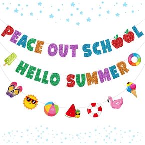 Schools Out for Summer Decorations, Glittery Peace out School Hello Summer Banner, NO-DIY End of School Year Party Decorations Include 1 Pc Last Day of School Decorations Banner and1 Pc Summer Garland in Saudi Arabia