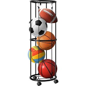 Columnar Vertical Ball Racks- Rolling Basketball Holder Wall Mount-Garage Sports Ball Storage for Indoor Rooms and Gyms
